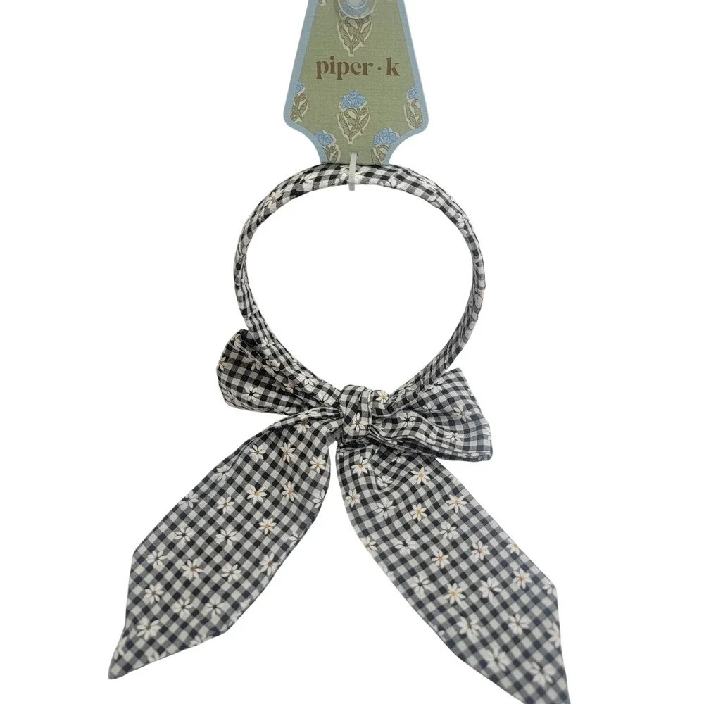 Piper K Gingham Check Daisy Bow Headband Floral Ribbon Tail Cottagecore Peasant